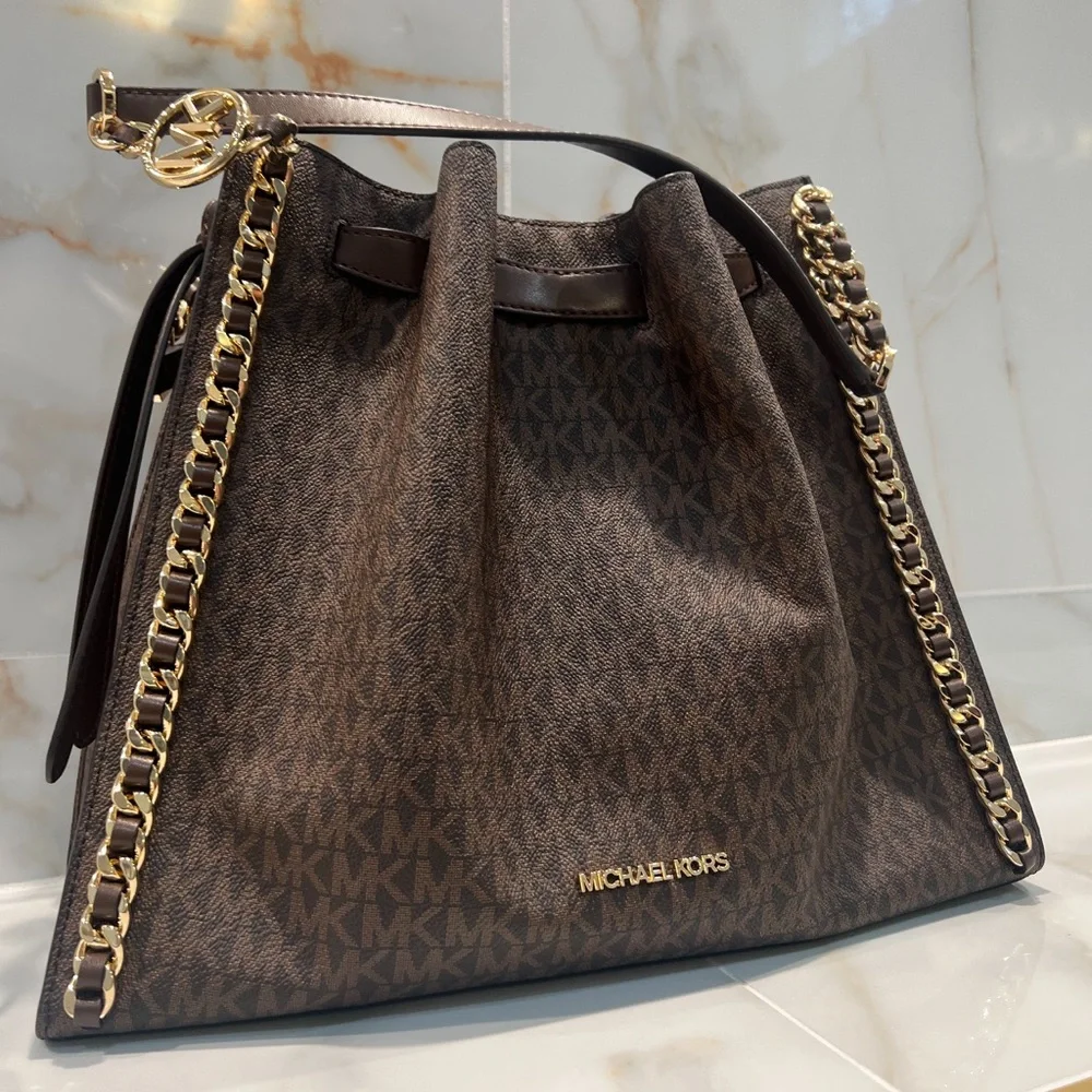 Michael Kors Brown Monogram Drawstring Shoulder Bag with Gold Chain